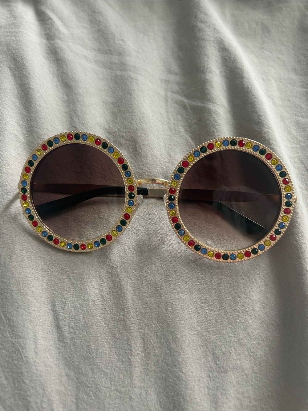 Round Multi-Accent Crystal Sunglasses - Brown Lenses